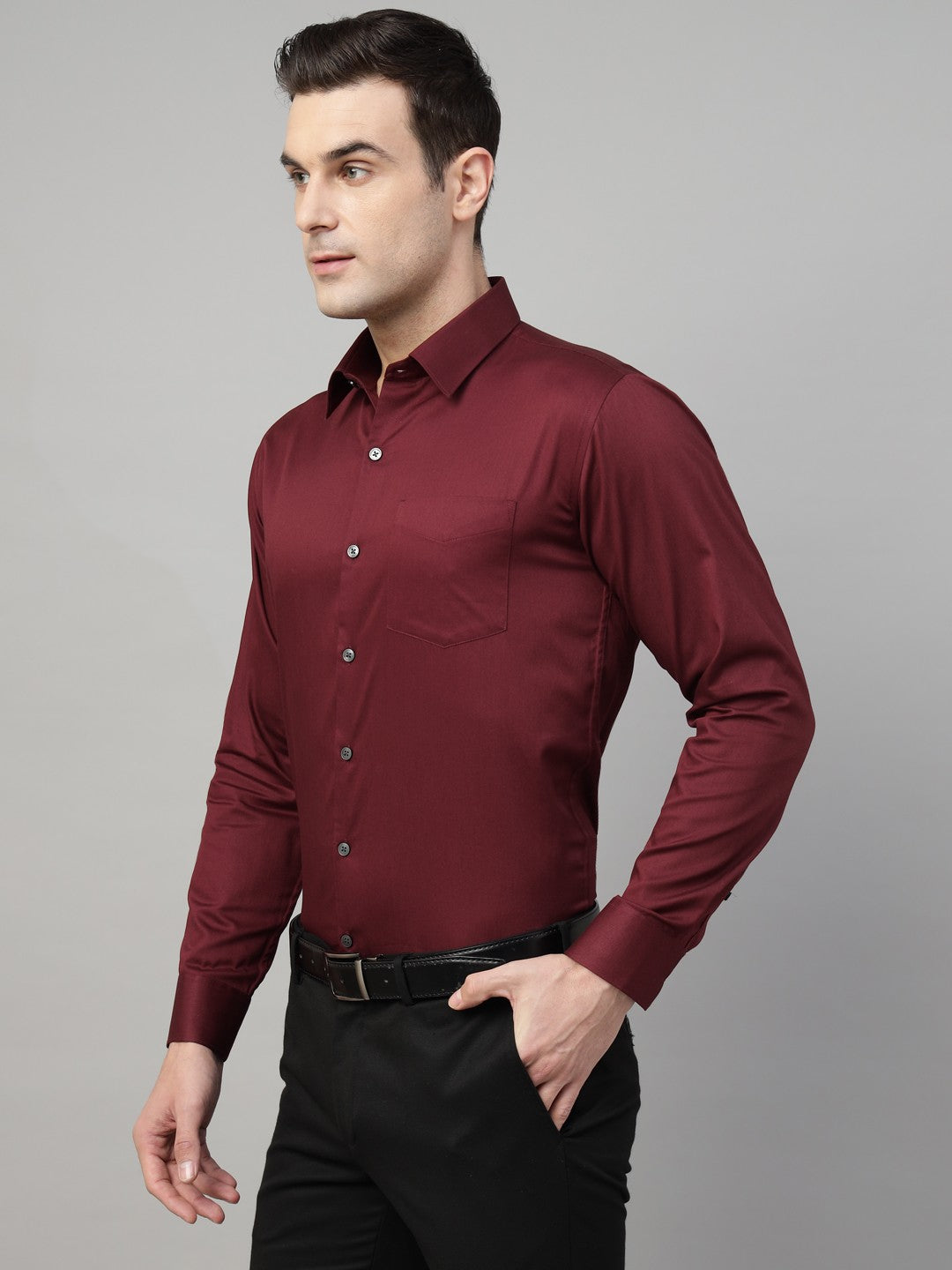 Men Maroon Solid Cotton Slim Fit Formal Shirt