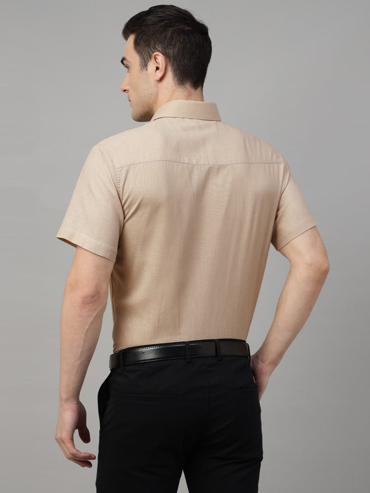 tan solid linen short sleeves shirt