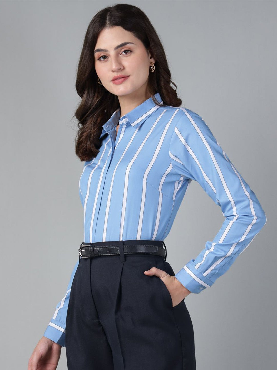 Hancock Women Blue & White Stripe Pure Cotton Regular Fit Formal Shirt