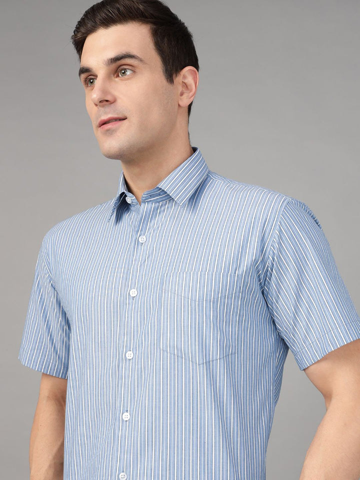 Hancock Men Blue & White Stripe Pure Cotton Slim Fit Formal Shirt