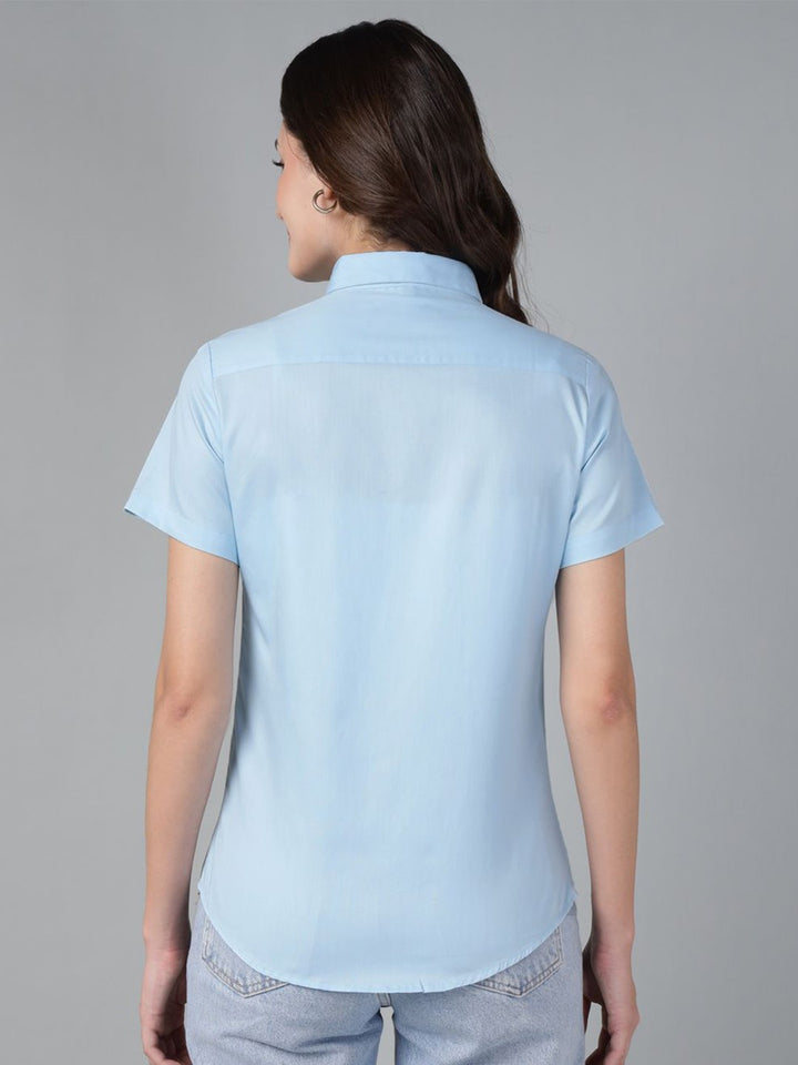 Hancock Women Sky Blue Solid Pure Cotton Short Sleeve Slim Fit Casual Shirt