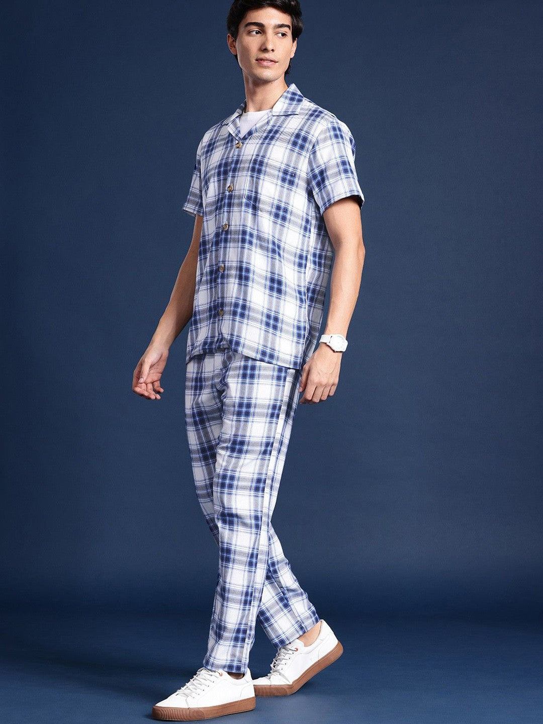 Hancock Men White & Blue Check Pure Cotton Relaxed Fit Night Wear Night Suit