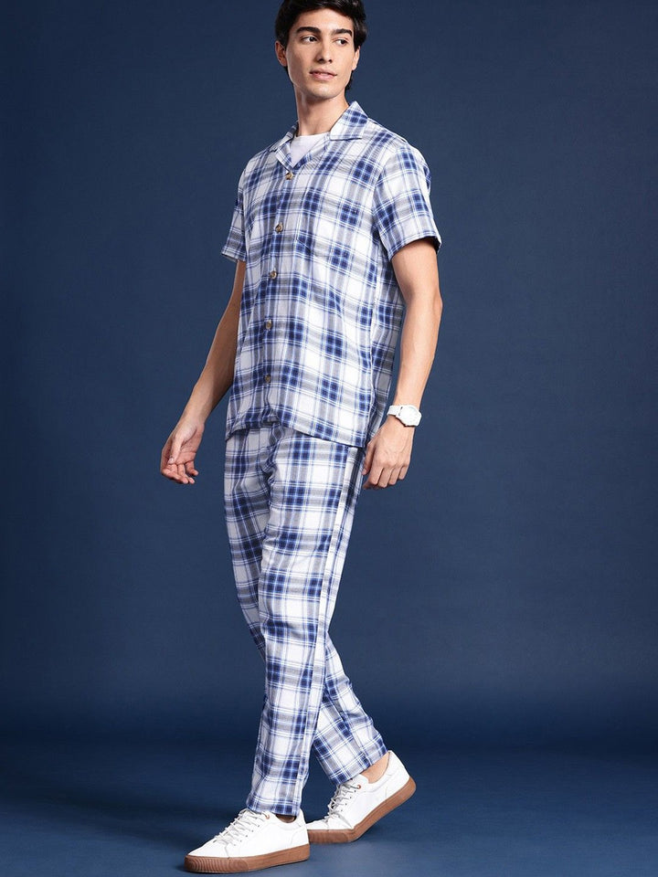 Hancock Men White & Blue Check Pure Cotton Relaxed Fit Night Wear Night Suit