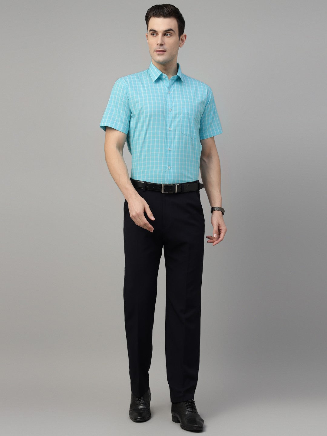 Blue tartan checked pure cotton short sleeves shirt 