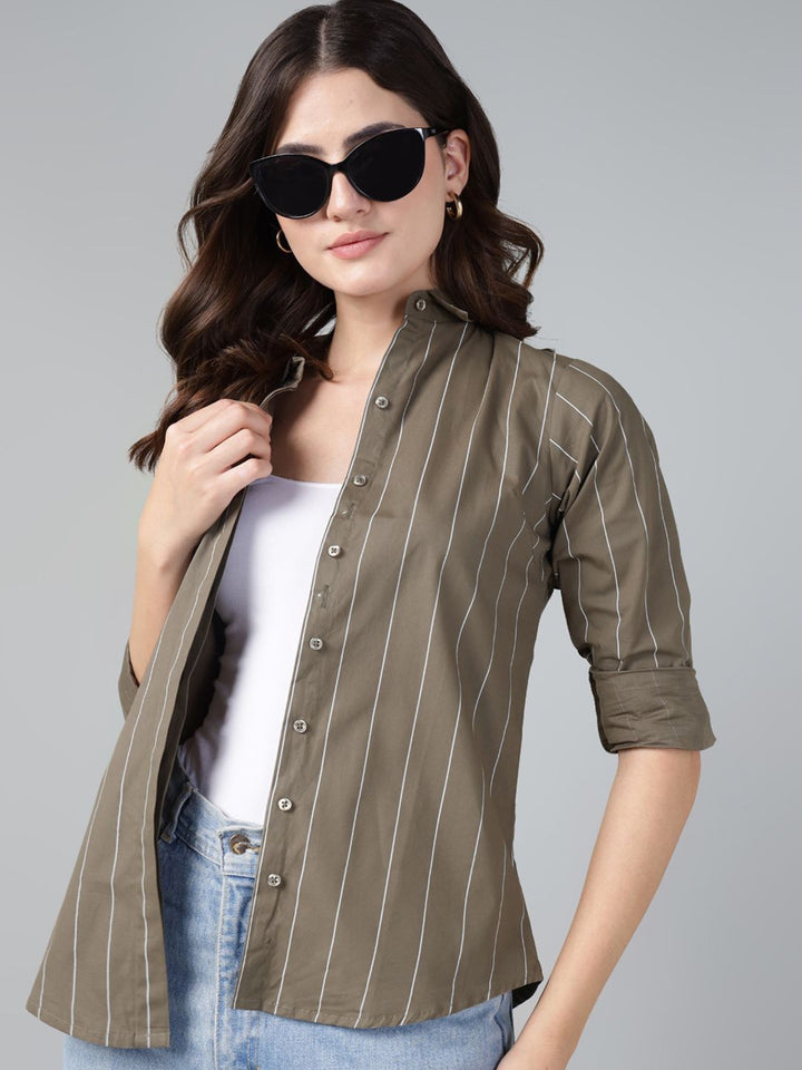 Hancock Women Olive Stripe Pure Cotton Slim Fit Casual Shirt