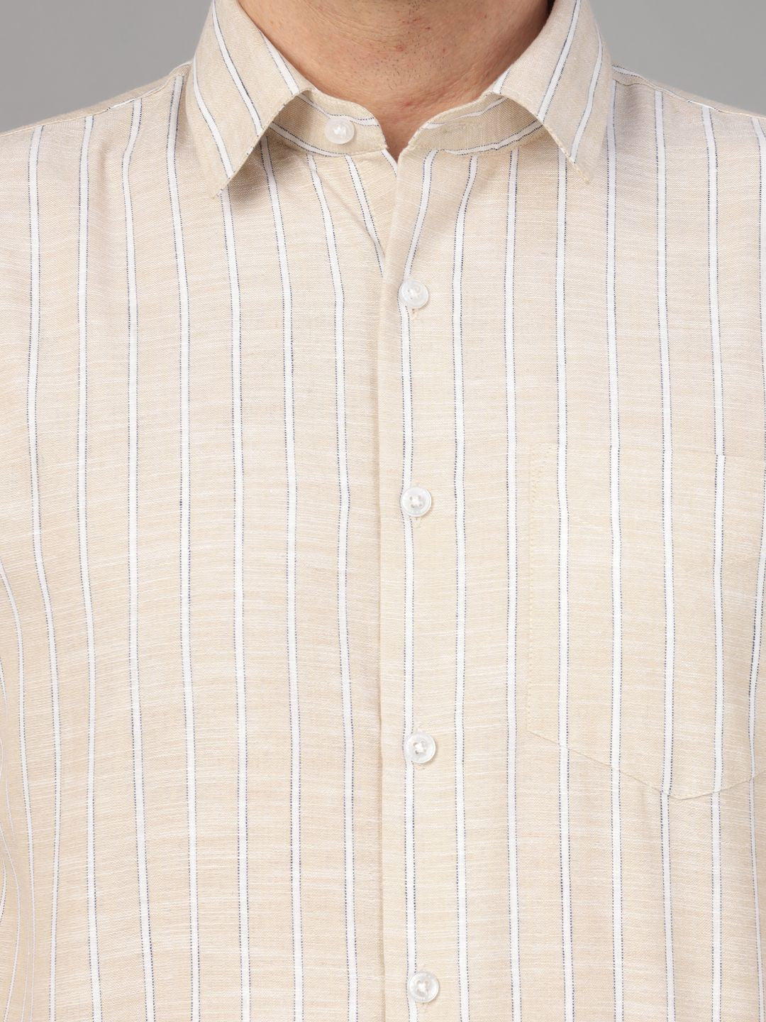 Hancock Men Beige Stripe Pure Cotton Slim Fit Formal Shirt
