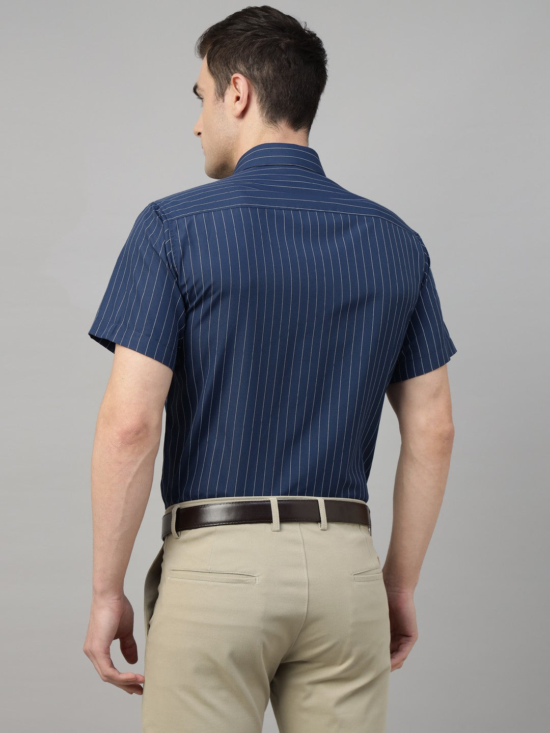 Men Navy Blue Stripe Cotton Slim Fit Formal Shirt