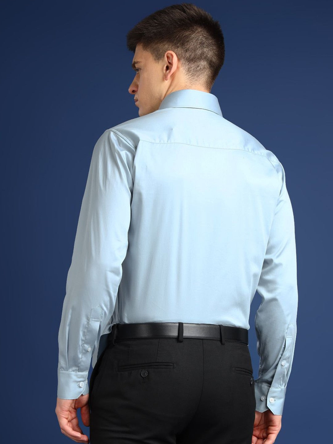 Hancock Men Turquoise Solid Cotton Elastene Slim Fit Party Shirt