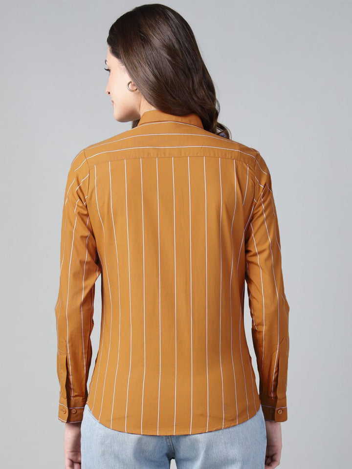 Hancock Women Mustard Stripe Pure Cotton Slim Fit Casual Shirt