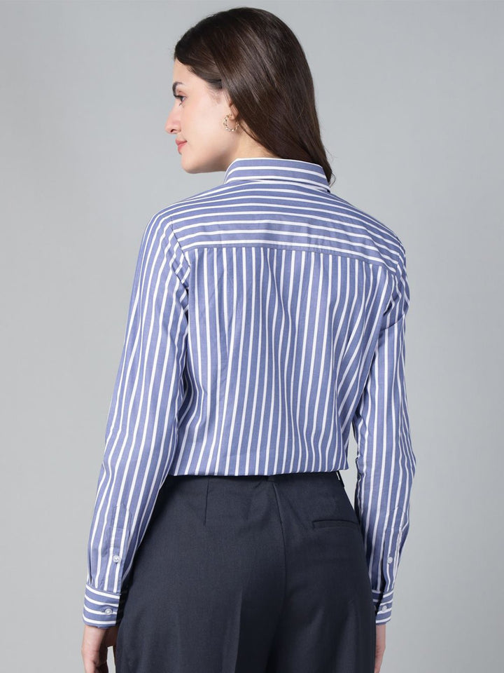 Hancock Women Blue & White Stripe Pure Cotton Regular Fit Formal Shirt