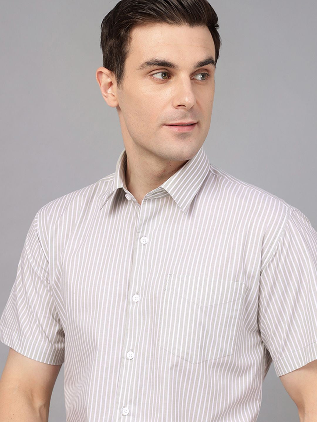 Hancock Men Basil & White Stripe Pure Cotton Slim Fit Formal Shirt