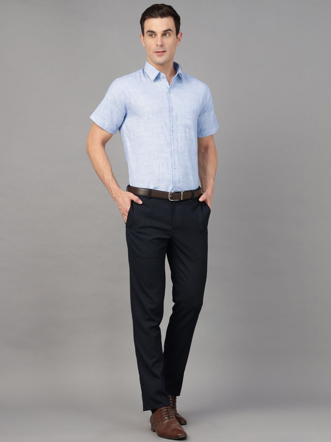 Hancock Men Sky Blue Stripe Pure Cotton Slim Fit Formal Shirt