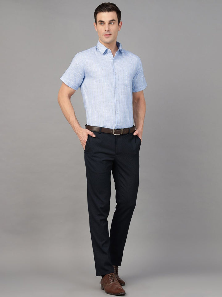 Hancock Men Sky Blue Stripe Pure Cotton Slim Fit Formal Shirt