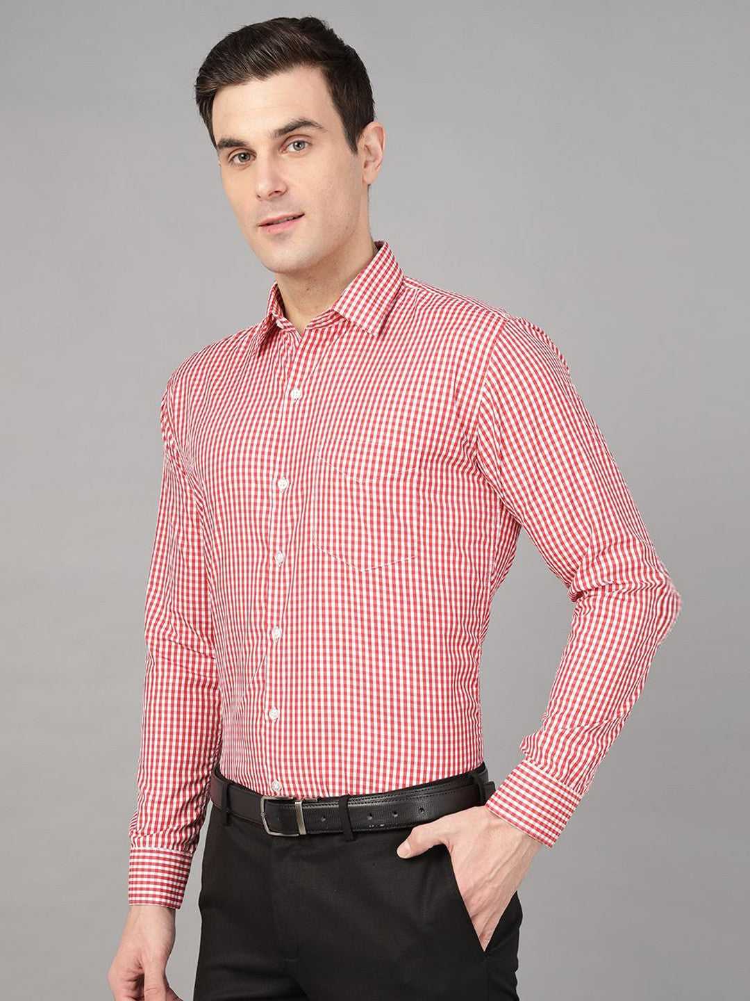 Hancock Men Red Check Pure Cotton Slim Fit Formal Shirt