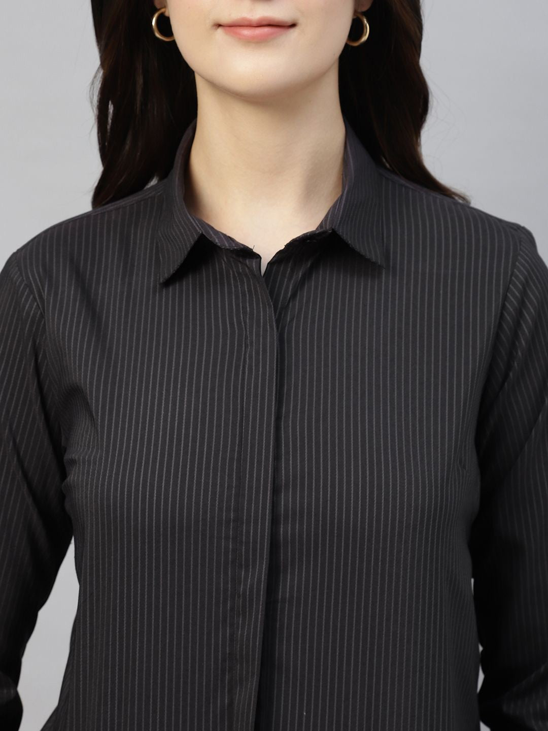 Hancock Women Black Stripe Cotton Elastene Regular Fit Formal Shirt