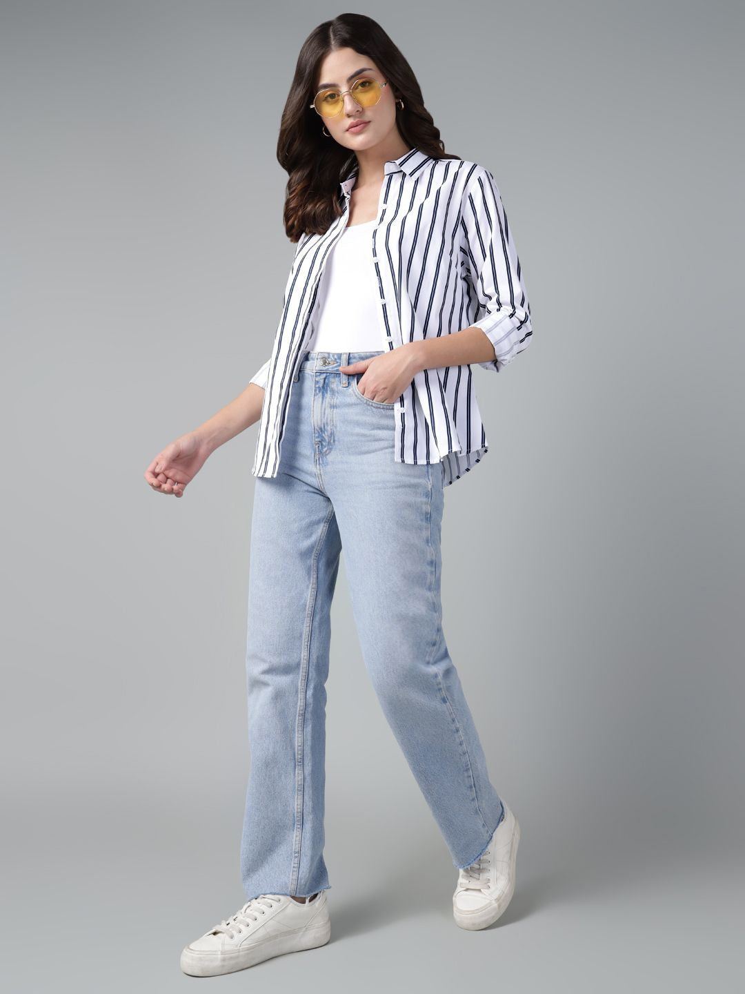 Hancock Women White & Navy Stripe Pure Cotton Regular Fit Casual Shirt