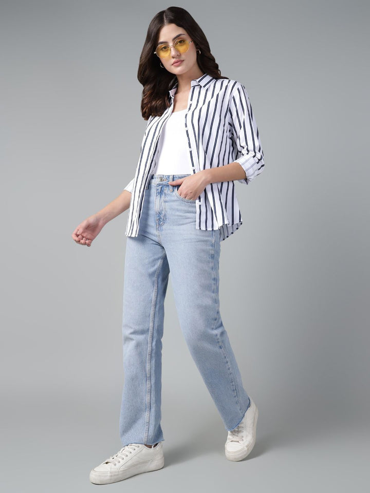 Hancock Women White & Navy Stripe Pure Cotton Regular Fit Casual Shirt