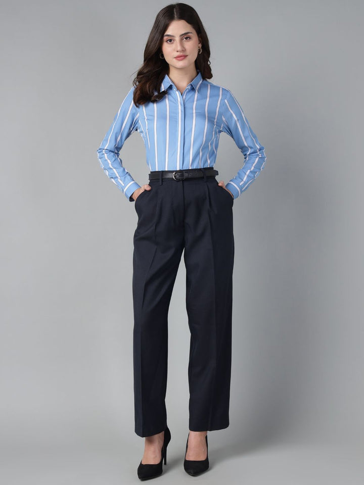 Hancock Women Blue & White Stripe Pure Cotton Regular Fit Formal Shirt