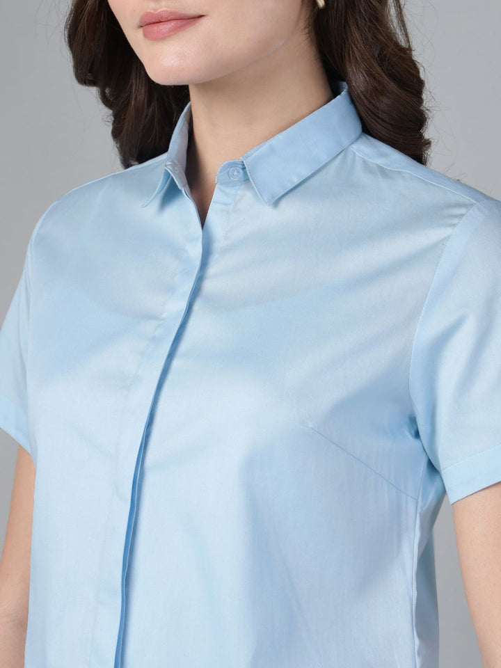 Hancock Women Sky Blue Solid Pure Cotton Short Sleeve Slim Fit Formal Shirt