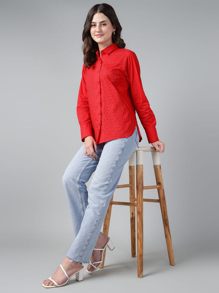 Hancock Women Red Solid Schiffli Pure Cotton Relaxed Fit Casual Shirt