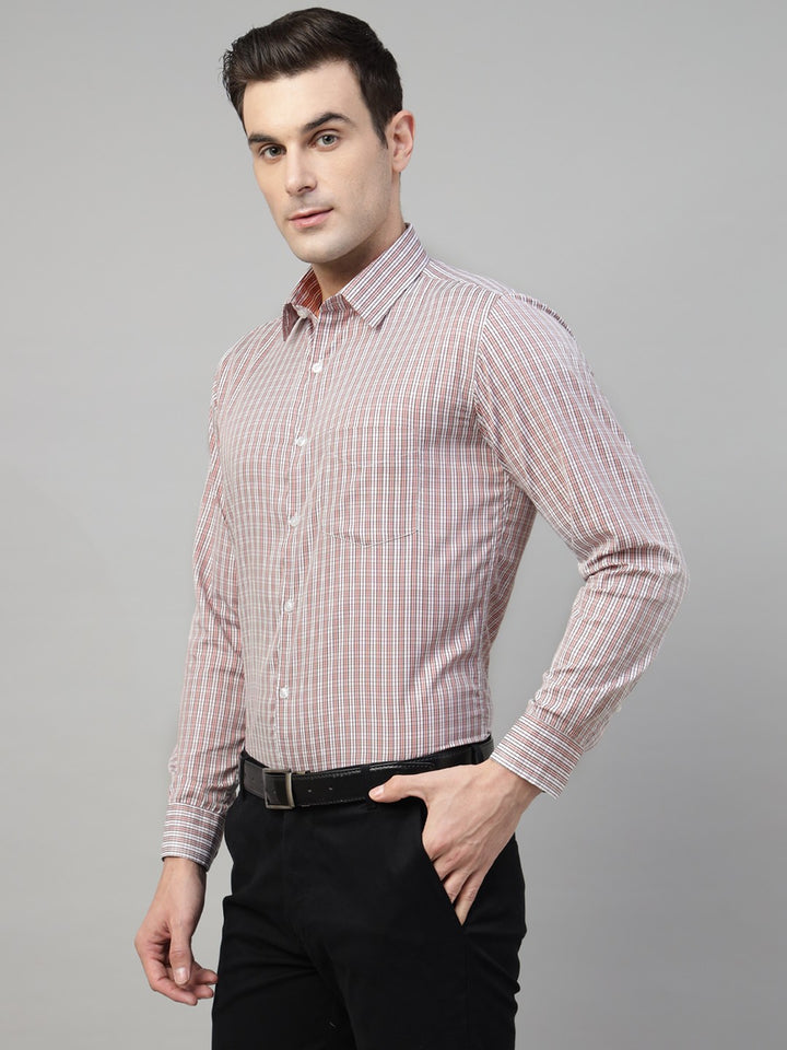 Men Cream & Coral Check Cotton Slim Fit Formal Shirt