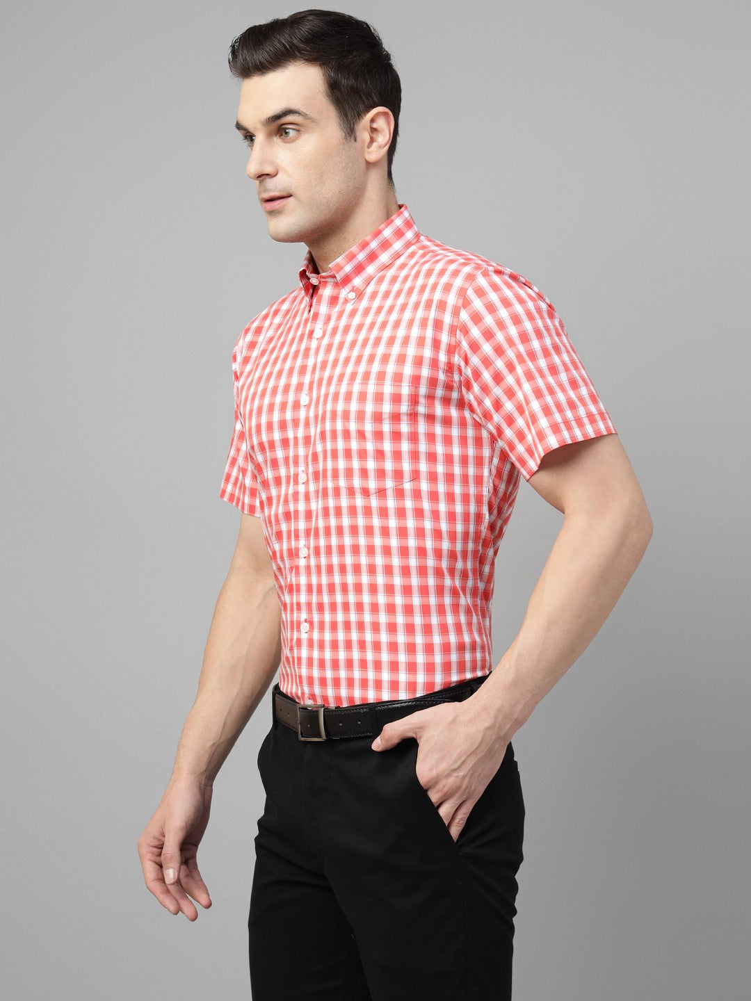 Men Red Check Cotton Slim Fit Formal Shirt