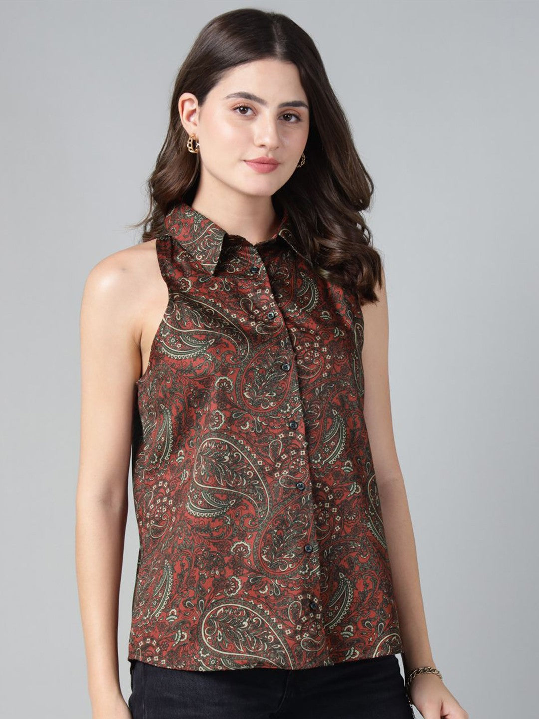 Hancock Women Maroon Print Pure Cotton Sleeveless Regular Fit Casual Shirt