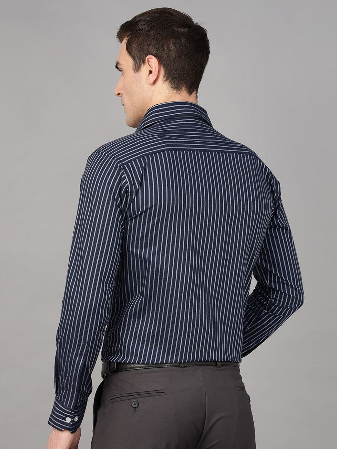 Hancock Men Navy Blue Stripe Pure Cotton Slim Fit Formal Shirt