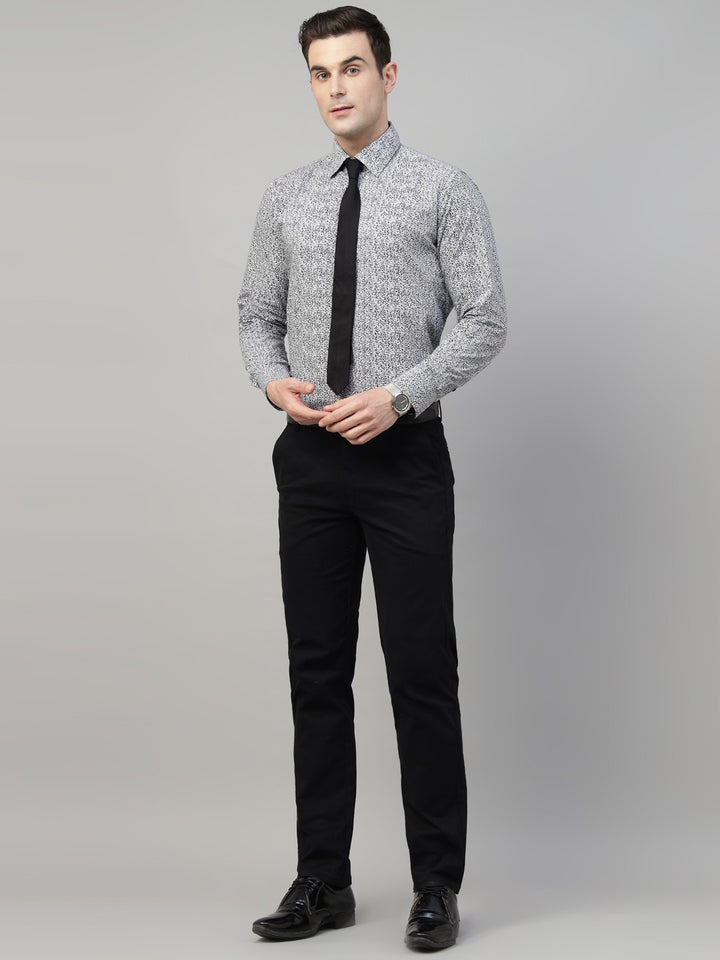 Men White & Black Print Cotton Slim Fit Formal Shirt