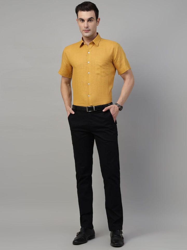 Men Mustard Solid Pure Linen Slim Fit Formal Shirt