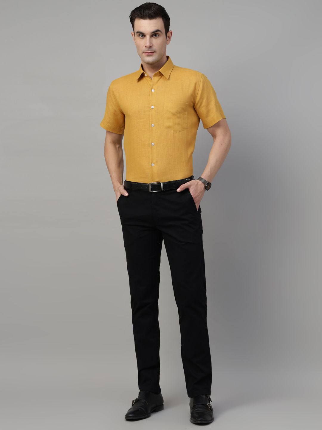 Men Mustard Solid Pure Linen Slim Fit Formal Shirt