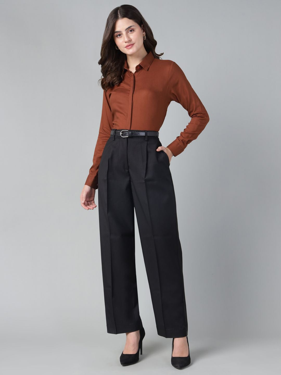 Hancock Women Rust Solid Viscose Rayon Regular Fit Formal Shirt