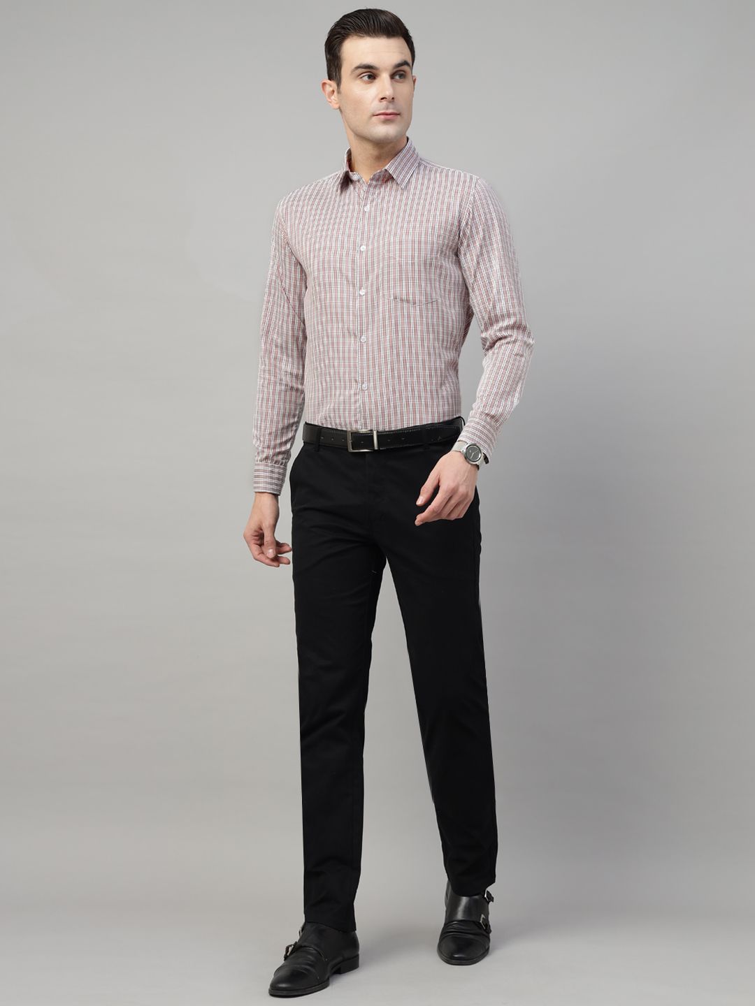 Men Cream & Coral Check Cotton Slim Fit Formal Shirt