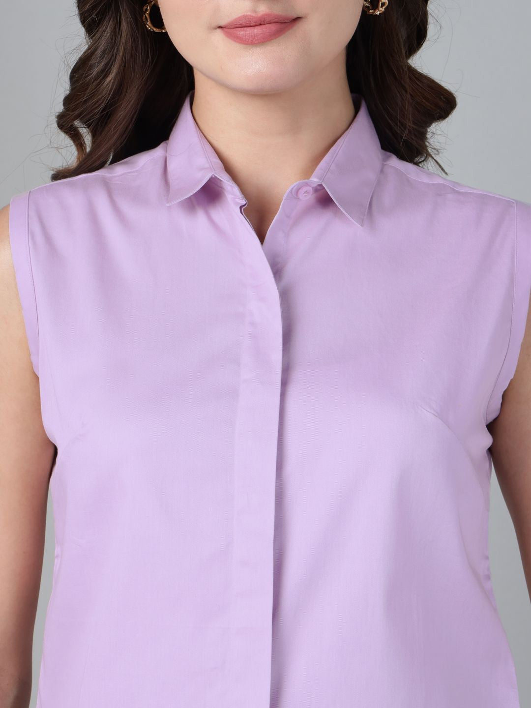 Hancock Women Lavender Solid Pure Sleeveless Cotton Slim Fit Formal Shirt