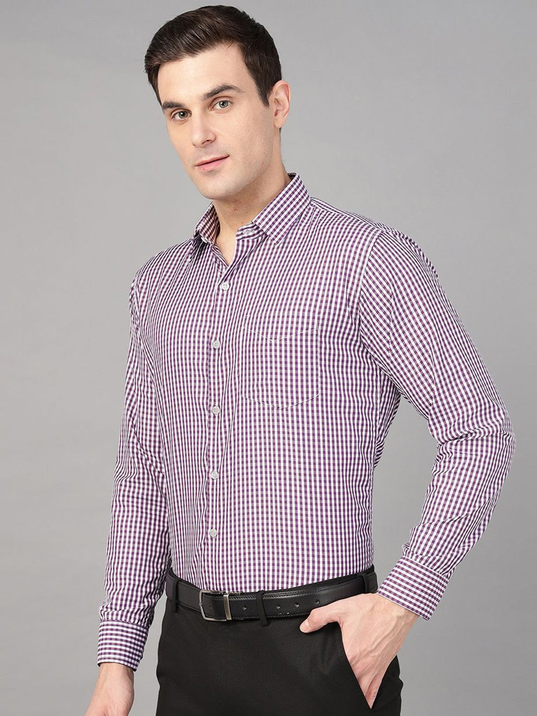 Hancock Men Purple Check Pure Cotton Slim Fit Formal Shirt