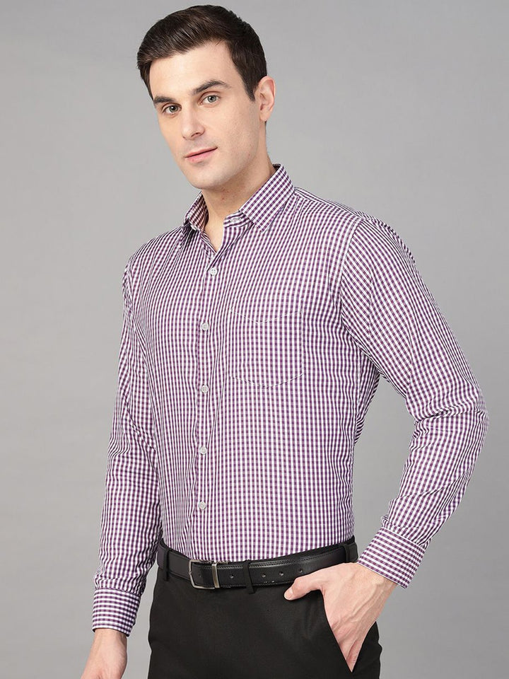 Hancock Men Purple Check Pure Cotton Slim Fit Formal Shirt