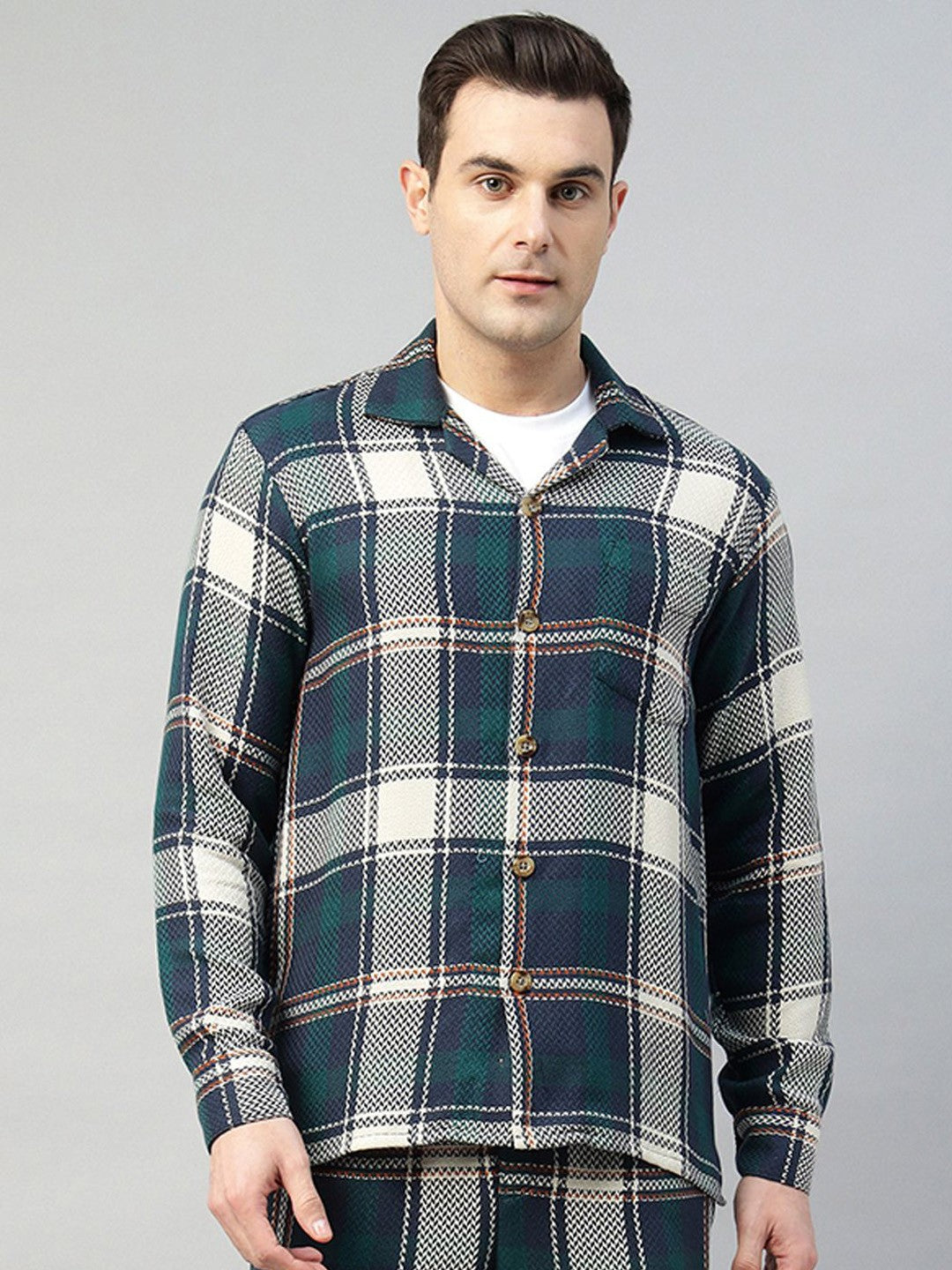 Hancock Men Navy Blue & Green Check Pure Cotton Relaxed Fit Night Wear Night Suit