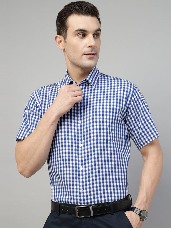 Men White & Blue Check Cotton Slim Fit Formal Shirt