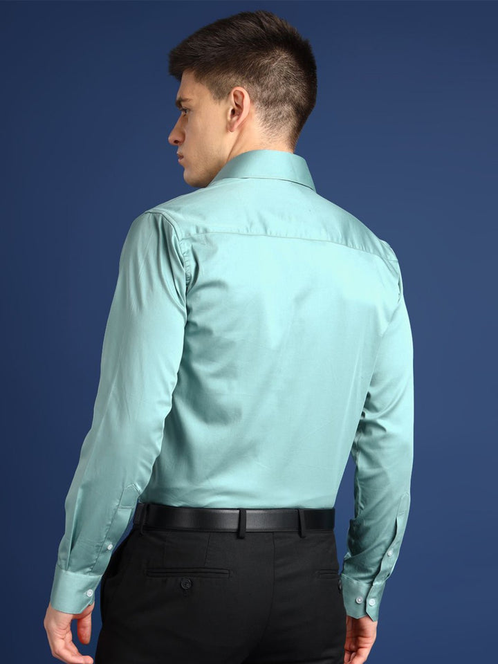 Hancock Men Jade Green Solid Cotton Elastene Slim Fit Party Shirt