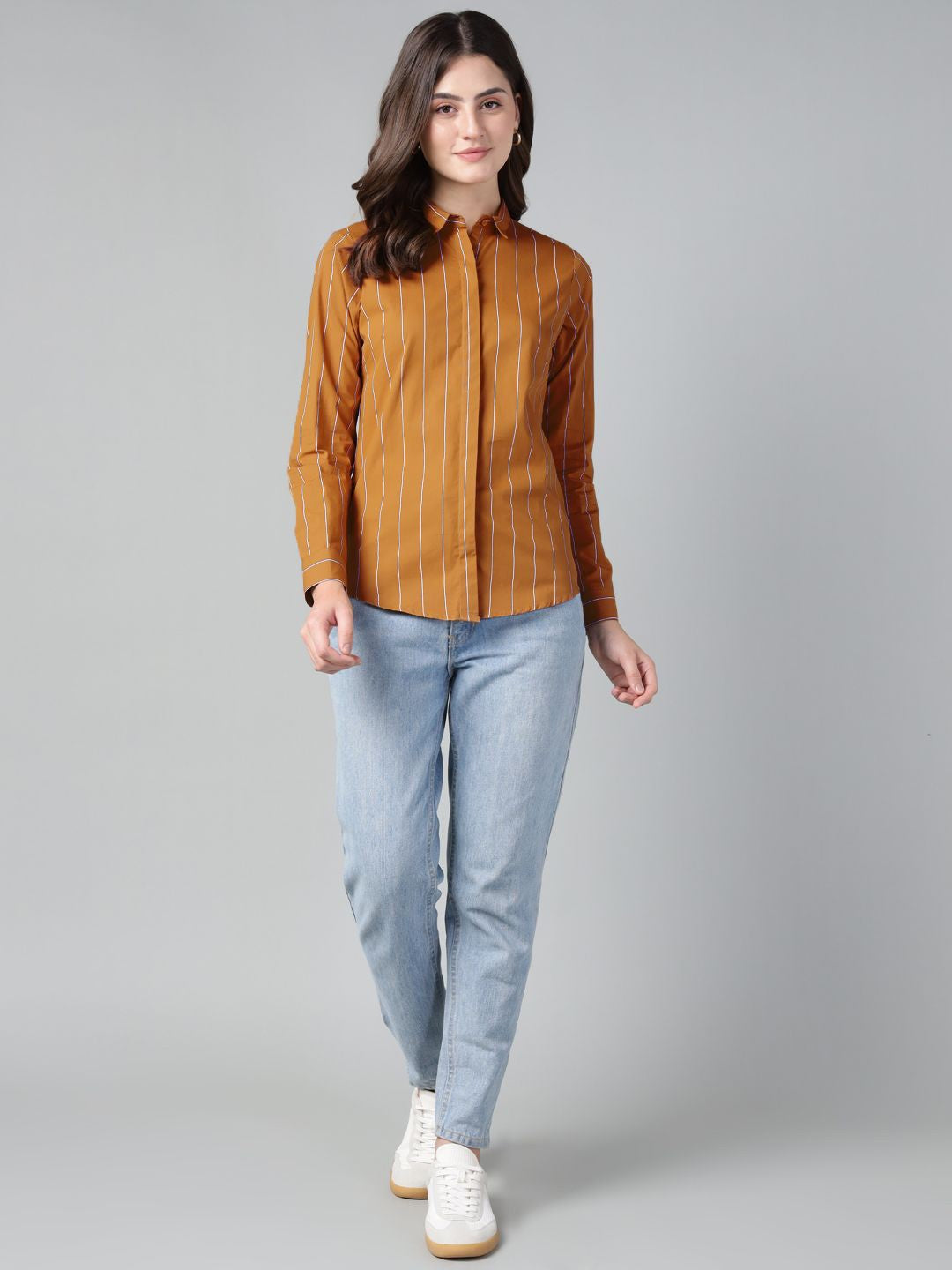 Hancock Women Mustard Stripe Pure Cotton Slim Fit Casual Shirt