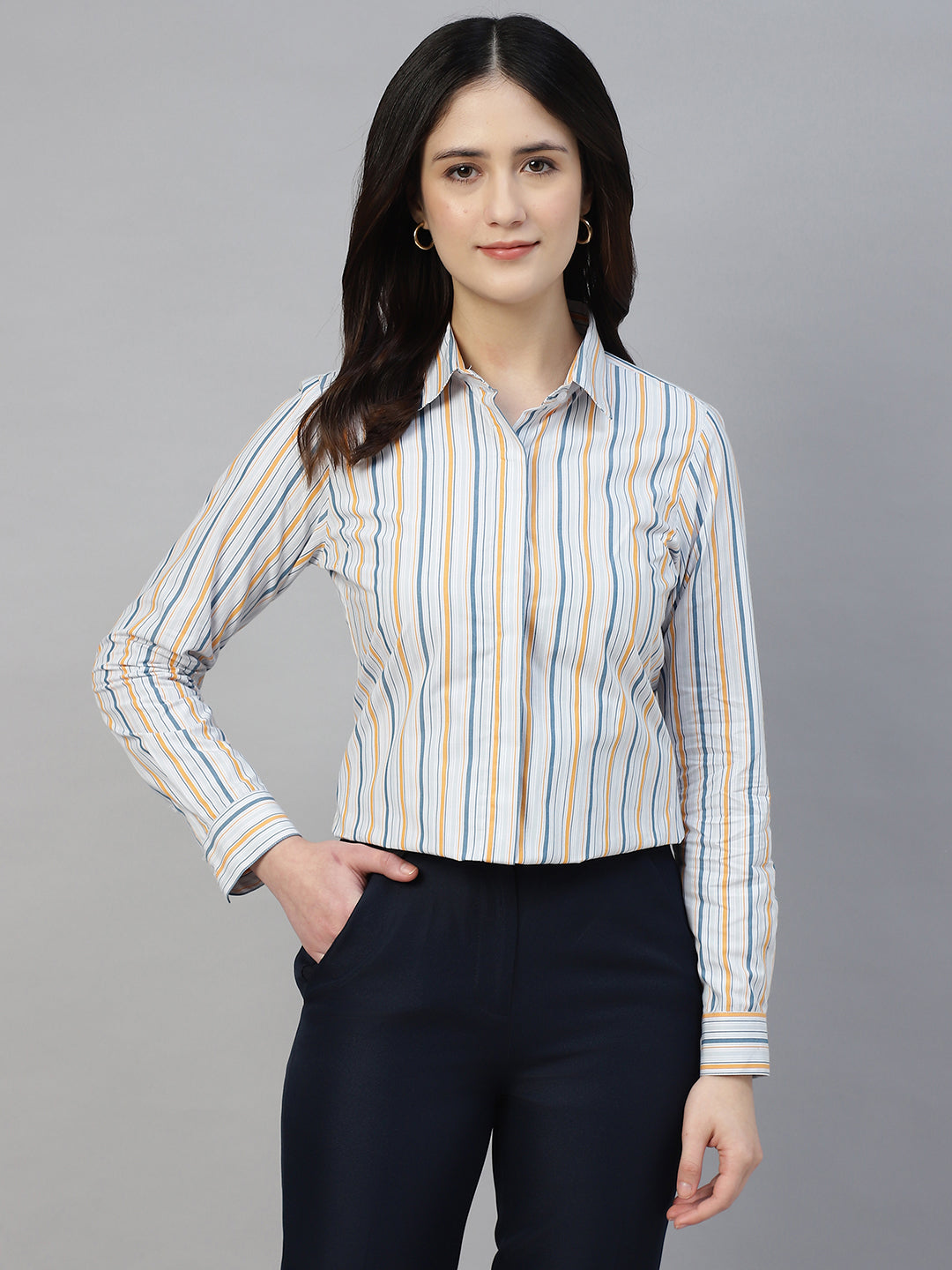 Hancock Women Grey & Yellow Stripe Pure Cotton Regular Fit Formal Shirt