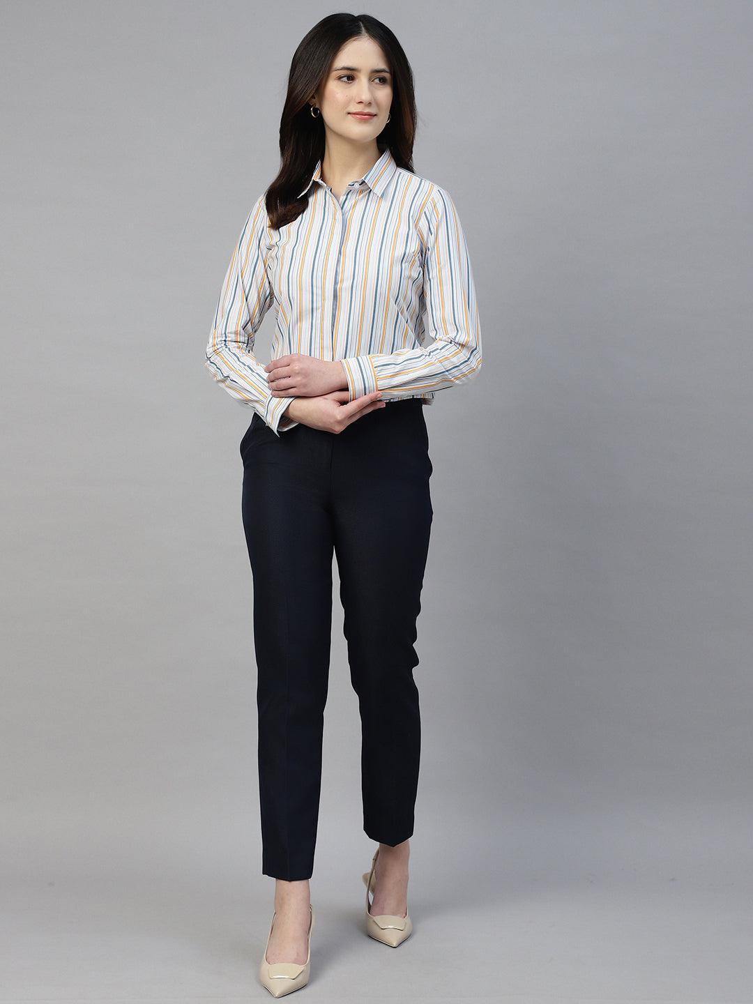 Hancock Women Grey & Yellow Stripe Pure Cotton Regular Fit Formal Shirt