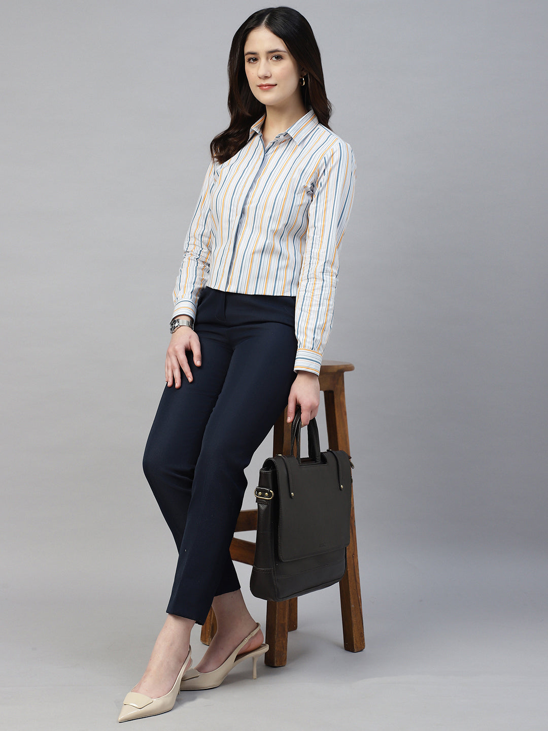 Hancock Women Grey & Yellow Stripe Pure Cotton Regular Fit Formal Shirt