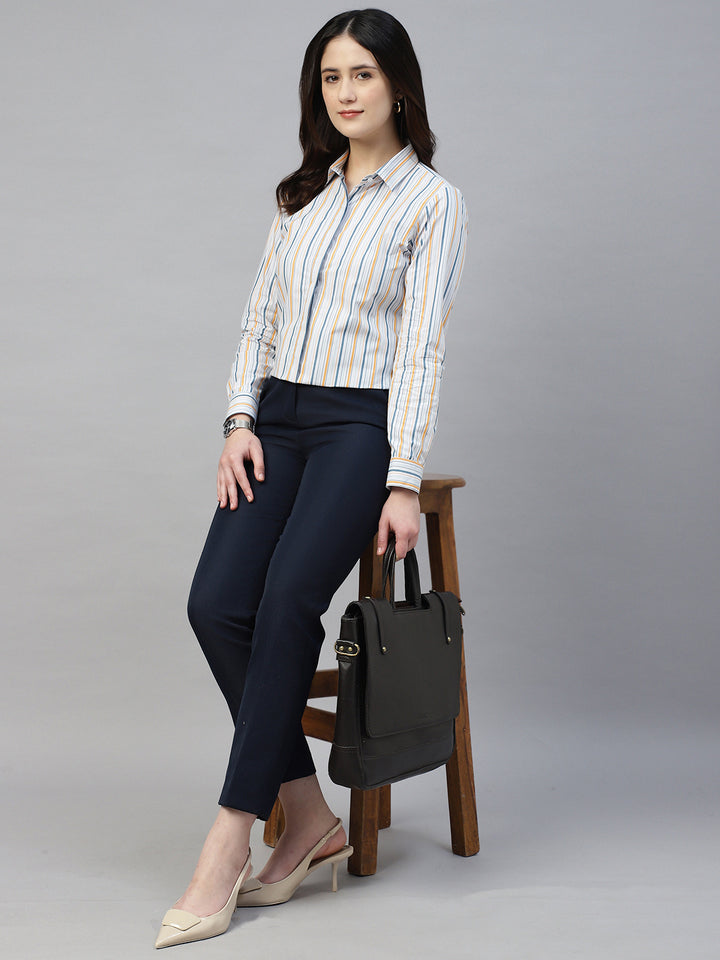 Hancock Women Grey & Yellow Stripe Pure Cotton Regular Fit Formal Shirt