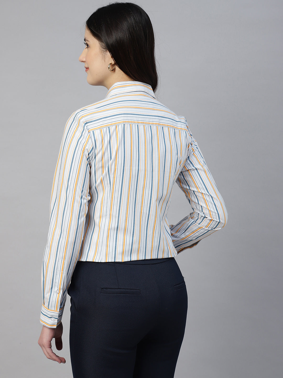 Hancock Women Grey & Yellow Stripe Pure Cotton Regular Fit Formal Shirt