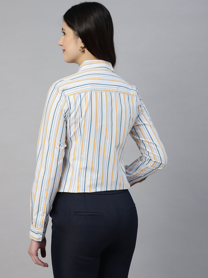 Hancock Women Grey & Yellow Stripe Pure Cotton Regular Fit Formal Shirt