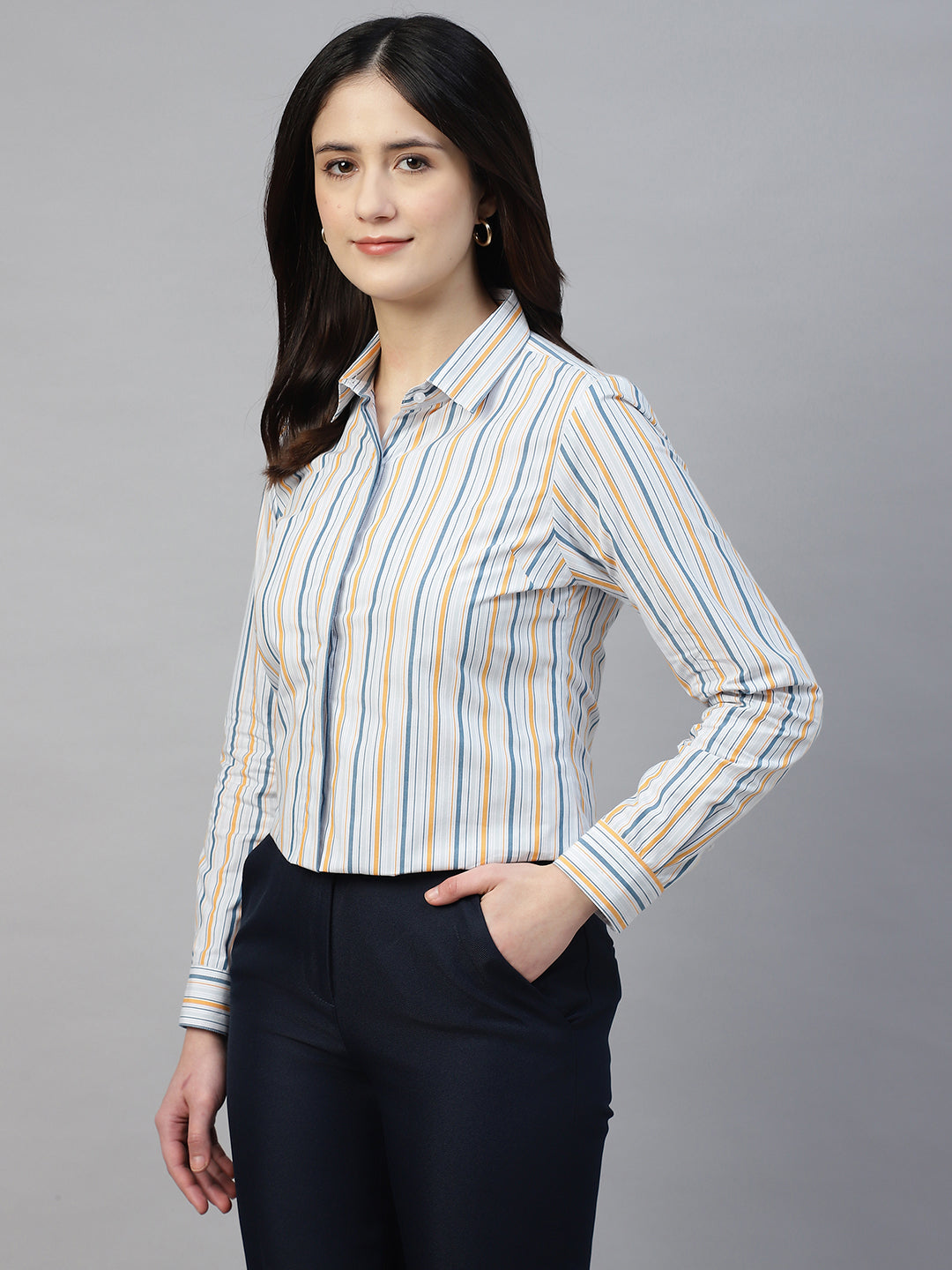 Hancock Women Grey & Yellow Stripe Pure Cotton Regular Fit Formal Shirt