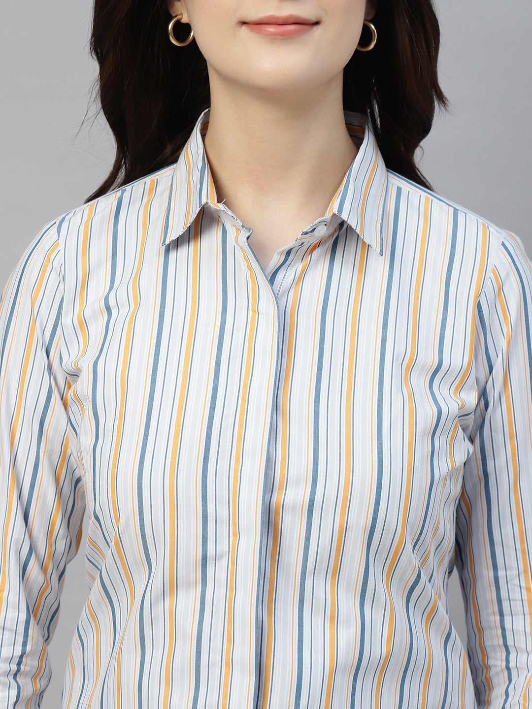 Hancock Women Grey & Yellow Stripe Pure Cotton Regular Fit Formal Shirt