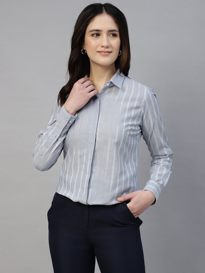 Hancock Women Bluish Grey Stripe Pure Cotton Regular Fit Formal Shirt