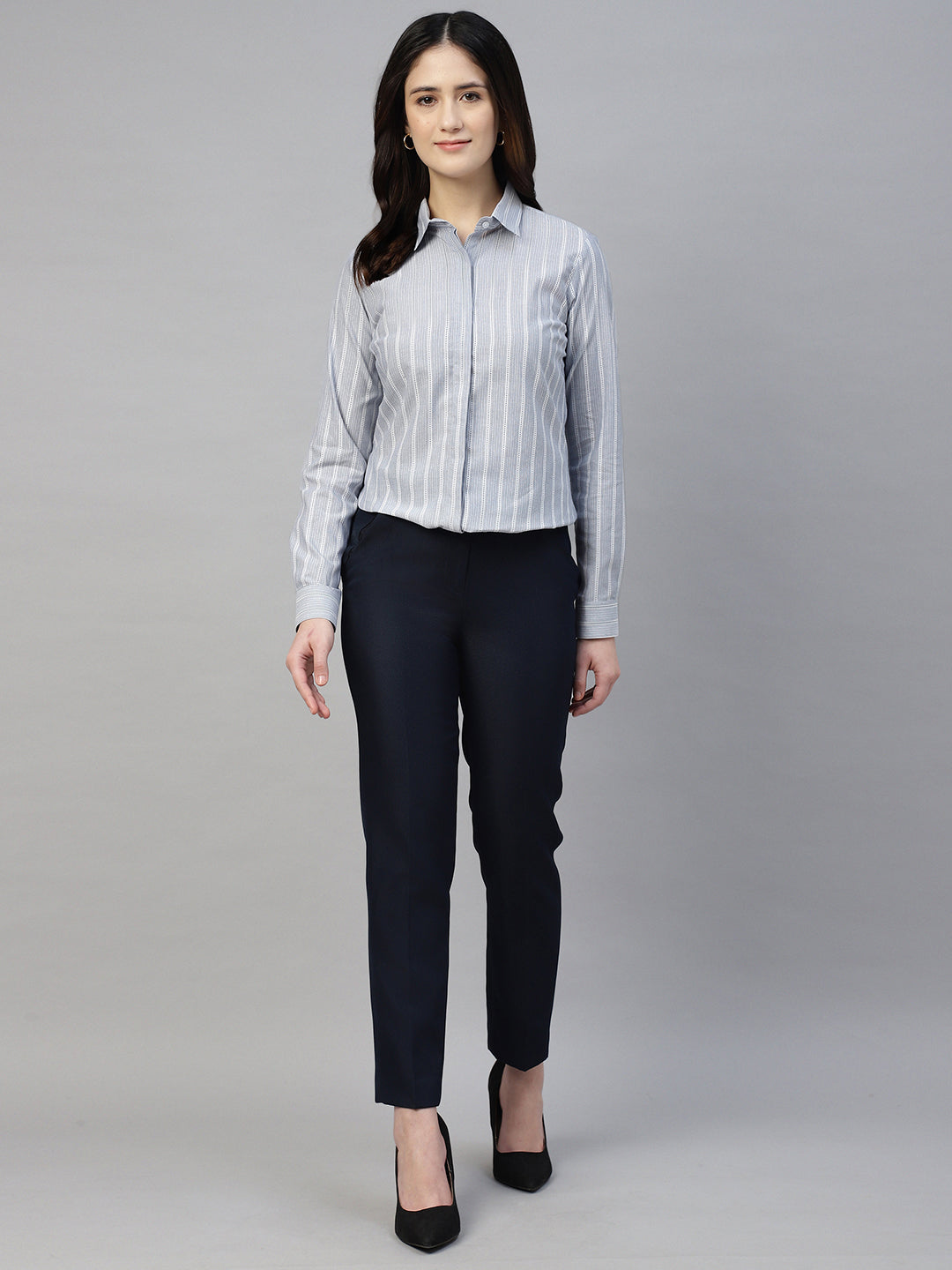 Hancock Women Bluish Grey Stripe Pure Cotton Regular Fit Formal Shirt